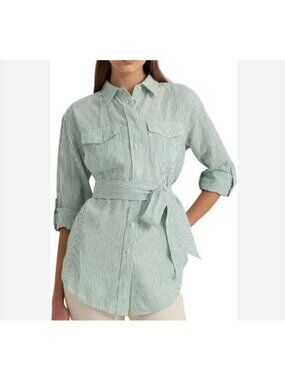 Ralph Lauren Relaxed Fit Striped Belted Linen Shirt Top Women Size P Small NWT